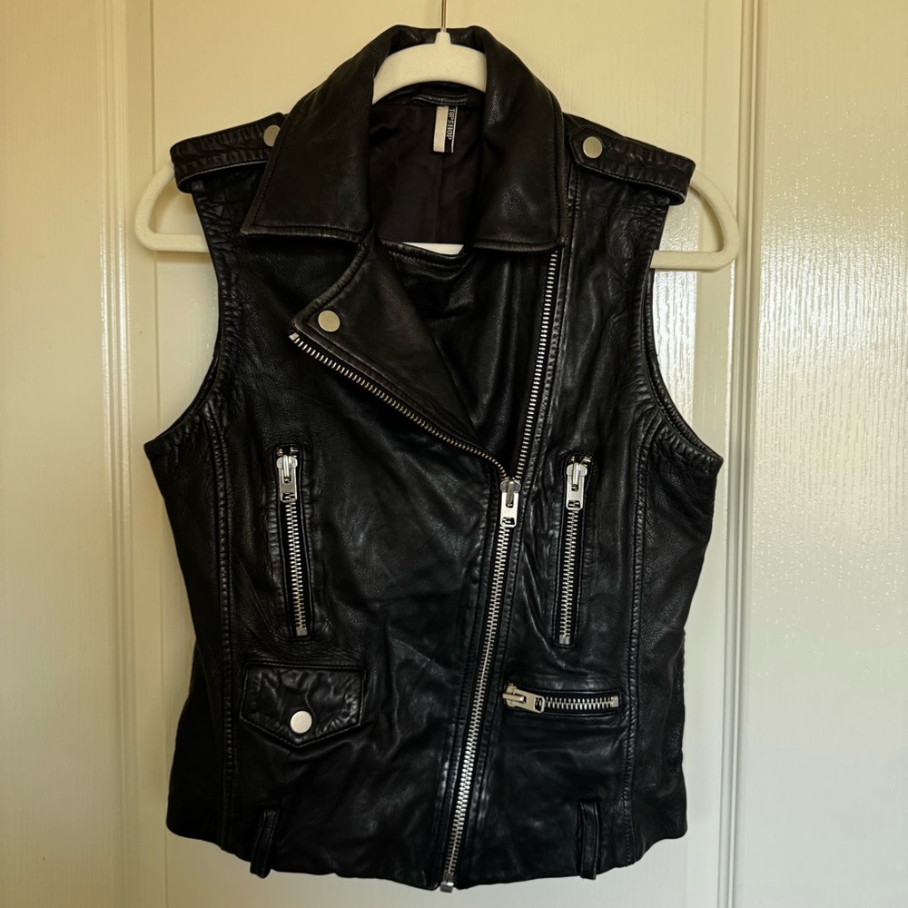 Topshop Black Genuine Leather Biker Vest